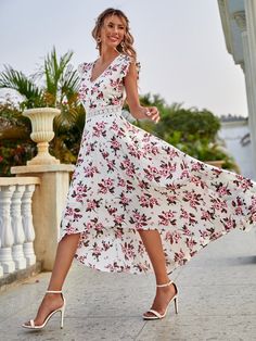 All Over Floral Print High Low Hem A-line Dress | EMERY ROSE High Low Chiffon Dress, Flowy Chiffon Dress, Summer Maxi Dress Boho, Best Maxi Dresses, Sleeveless Skirt, Sundress Dress, Casual White Dress, High Waist Dress, Floral Print Midi Dress