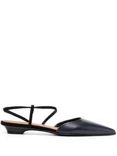 black calf leather slip-on style low heel branded footbed slingback strap pointed toe Lou Lou, Slingback Sandals, Black Leather Sandals, Blue Sandals, Sling Back, Slingback Sandal, Leather Slip Ons, Low Heels, Leather Sandals