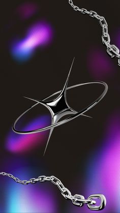 an abstract image of a pair of scissors on a purple and blue background with silver chains