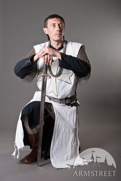 Knight Crusader Templar Medieval tabard with cross White Medieval Dress With Historical Design, White Medieval Dress For Festivals, White Medieval Dress For Larp And Festivals, Medieval Tabard, Knight Crusader, Two Gentlemen Of Verona, Fair Outfits, Medieval Clothing, Country Humans