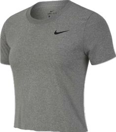 Fitted Gray T-shirt For Sports, Casual Solid Color T-shirt With Athletic Fit, Casual Graphic Print Tops For Training, Casual Sports T-shirt With Go-dry, Nike Breathable Tops For Sports Season, Athletic Fit Tops With Logo Print, Casual Cotton Tops For Training, Casual Go-dry T-shirt For Sports, Gray Short Sleeve Tops For Training