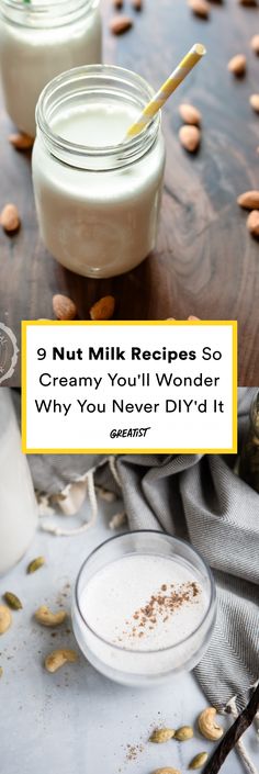 two jars filled with milk and nuts on top of a wooden table next to other items