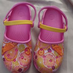 Crocs Mary Jane Clogs With Citrus Fruit Nwot Yellow Fun Slip-on Sandals, Cute Non-slip Clogs For Spring, Cute Non-slip Spring Clogs, Fun Yellow Non-slip Sandals, Casual Round Toe Sandals For Daycare, Summer Clogs With Round Toe For Playtime, Yellow Non-slip Beach Clogs, Summer Playtime Clogs With Round Toe, Yellow Non-slip Casual Clogs