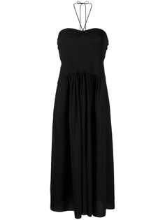 Black Ruched Halter Neck Maxi Dress, Halter Neck Dress With Gathered Neckline For Date Night, Halter Neck Cocktail Dress With Ruched Bodice, Cocktail Dress With Ruched Bodice And Halter Neck, Cocktail Halter Neck Dress With Ruched Bodice, Halter Neck Sundress With Gathered Neckline, Sundress With Halter Neck And Gathered Neckline, Sundress With Gathered Neckline And Halter Neck, Chic Strapless Dress With Gathered Neckline