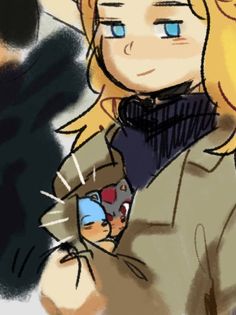 a drawing of a blonde haired woman with blue eyes and an overcoat holding a cell phone