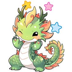 a green and orange dragon with stars on it's head sitting in front of a white background