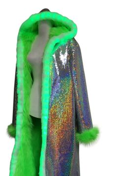 You aren't dreaming this coat really does light up and you can have it any way you like it! Our LED Light Up Jacket has the most luxurious faux fur on the planet and reversible sequin exterior fabric. FEATURES & SPECIFICS: All in your choice of colors Because of the LED lights the jackets with lights must have white trim, no exceptions IF you don't have LED lights it can be whatever color you choose LED Light set up includes battery and remote that live inside a hidden, built-in pocket All jacke Light Up Jacket, Led Jacket, Festival Coats, Festival Outfits Men, Rave Fits, Burning Man Costume, Rave Costumes, Light Trim, Catty Noir