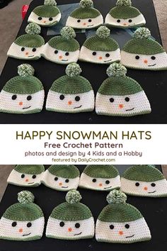 crocheted hats with snowmen on them and the text happy snowman hats free crochet pattern