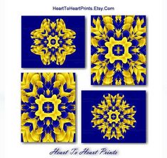 four blue and yellow abstract designs with the words heart to heart printing easy com on them