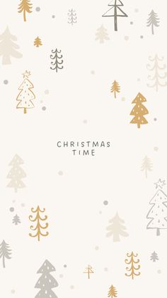 a christmas card with trees and snowflakes on the bottom, in gold and white