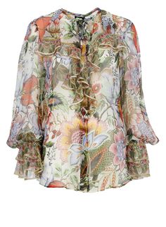 100% Silk Designer Ruffled Summer Tops, Designer Ruffled Tops For Summer, Designer Spring Tops With Ruffles, Designer Ruffled Tops For Spring, Designer Ruffle Tops For Spring, Luxury Ruffled Tops For Spring, Luxury Spring Tops With Ruffles, Luxury Floral Print Summer Tops, Luxury Multicolor Spring Shirt