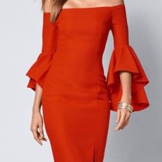 Be Ready For The Spotlight In This Perfect Party Piece! The Dramatic Flounce Sleeve Detail Is A Beautiful Addition To This Bodycon Silhouette. The Off The Shoulder Style And Midi Length Work Create Balance While Giving You An Ideal Backdrop For Your Best Statement Jewelry. Off The Shoulder Style Flounce Sleeve Detail Bodycon Silhouette Midi Length Approx 40." Size Up For Semi-Fit Fabric Does Not Stretch Poly. Holiday Ruffled Midi-length Dress, Holiday Ruffle Midi Dress, Fitted Midi Dress For Christmas, Elegant Off-shoulder Mini Dress For Holiday, Elegant Midi-length Christmas Evening Dresses, Fitted Midi Dress For Holiday, Elegant Midi Length Christmas Evening Dresses, Chic Off-shoulder Mini Dress For Holiday, Elegant Knee-length Midi Dress For Holiday