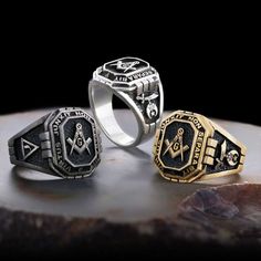 "Customized Masonic Ring, Sterling Silver Masonic Ring, , Personalized Mason Ring, Shriner, Square and Compass, Yod, Masonic Ring Knights templar masonic rings are the identifying accessory for a Freemason. Symbols that depict freemasons, master mason and compass chrome emblem models are the essence of the brotherhood. Masonic rings are the most common sigil among brothers and symbolize loyalty to each other. Your masonic ring symbolizes brotherhood and loyalty. Pass on these great rings that symbolize your brotherhood to next generations as your inheritance. ☞ ☞ ☞  ITEM DESCRIPTION ☜ ☜ ☜ * Material : 925 Sterling Silver (stamped) * Weight : Around 14 GR * Ring Face Size : 19X17  MM * Color & Plating Options : Silver (polished or matte) , Gold Plated(Silver) , Black Rhodium Plated (Silver) Symbolic Stainless Steel Rings With Polished Finish, Masonic Tattoos, Mason Ring, Freemason Ring, Mountain Ring, The Brotherhood, Masonic Ring, Black Rhodium, Ring Sterling Silver