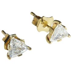 1.25 Carat Glittering Trillion Diamond Stud Earrings | From a unique collection of vintage Stud Earrings at https://www.1stdibs.com/jewelry/earrings/stud-earrings/. Luxury Heart Cut Diamond Earrings, Gia Certified Diamond Jewelry With Trillion Cut, Gia Certified Trillion Cut Diamond Jewelry, Gold Heart Cut Brilliant Diamond Earrings, Gold Diamond Heart Earrings Brilliant Cut, Gold Heart Cut Diamond Earrings With Brilliant Cut, Yellow Gold Diamond Heart Cut Earrings, Luxury Diamond-shaped Earrings, Gia Certified Trillion Cut Jewelry For Formal Occasions