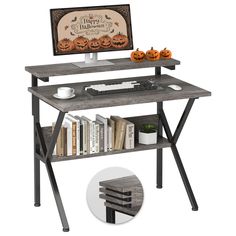 a computer desk with books and pumpkins on the shelf next to it, along with an image of jack - o'- lanterns