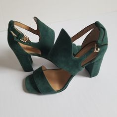 This Is A Banana Republic Loch Green, 3.75 Inch Block Heel Sandal. It Is A Suede With Ankle Straps And Synthetic Lining And A Flexible Rubber Heel. It's New Without Tags Chic Green Sandals With 4-inch Heel, Green High Heel Sandals For Evening, Green Heel Strap Sandals For Evening, Evening Green Sandals With Heel Strap, Green Evening Sandals With Heel Strap, Green Evening Sandals With Wrapped Heel, Green Open Heel Evening Heels, Formal Green Sandals With Padded Heel, Suede Sandals With 4-inch Heel For Party