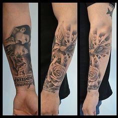 the arm is covered with tattoos and has roses on it, birds in the sky