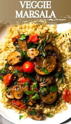 a white plate topped with rice and mushrooms