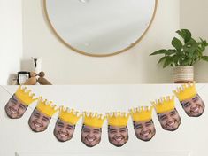 a party garland with photos of people wearing crowns