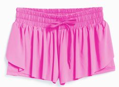 the shorts are bright pink and have ruffles on them, but there is also a bow at the waist