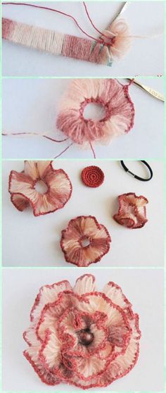 three pictures showing how to make crochet flowers with yarn and thread, including an ornament