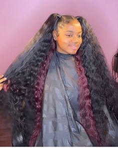 Two Ponytails With Weave In The Back, 2 Ponytails Half Up Half Down Curly Hair, Half Up Half Down Two Ponytails, 2 Ponytails Half Up Half Down, Two Ponytails Half Up Half Down, Cute Weave Hairstyles, Quick Weaves, Long Weaves, Two Ponytails