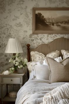 a bed with pillows and blankets on top of it next to a painting above the headboard