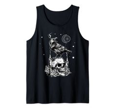 PRICES MAY VARY. Black Crow Raven on Skull in Tarot Card Occult Aesthetic Gothic Style for Wicca and Pagan Fans matching to gothic Eboy or Egirl as well for Alt Indie Aesthetic Skater Girl Clothes and Skater Boy Clothes Fans. Viking Norse Mythology with a Crow on a Skull Lightweight, Classic fit, Double-needle sleeve and bottom hem Gothic Sleeveless Top With Skull Print, Black Gothic Skull Top, Crow On A Skull, Skater Boy Clothes, Alt Indie Aesthetic, Raven On Skull, Aesthetic Skater Girl, Occult Aesthetic, Aesthetic Skater