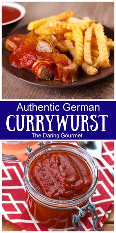 the cover of an authentic german currywurst recipe is shown on a plate with french fries and ketchup