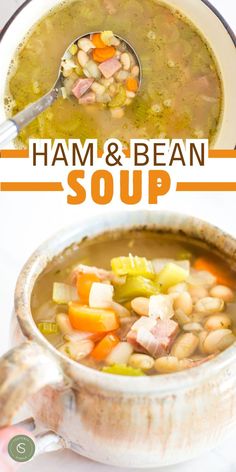 top of stockpot full of soup and soup in a mug Best Ham And Bean Soup, Soup Pioneer Woman, Bean Soup Slow Cooker, Goodful Recipes, Ham Bean Soup, Ham Hocks And Beans, Ham Soup Recipes, Soup Slow Cooker, Ham And Bean