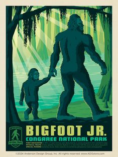 a bigfoot jr poster with an adult and child holding hands