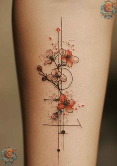 a woman's thigh with flowers and lines on the side of her leg, which is