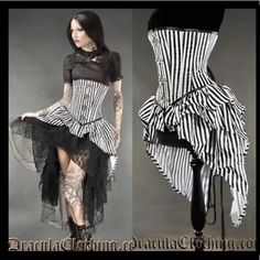 *New Dracula Clothing - From Eu* Retail $125.00 Striped Print Bustle Clasp Corset- Black & White Print On The Outside And Cotton Lining N The Inside. The Corset Is 33cm Long In Back The Skirt Part Is Sewn Onto The Corset And Is 55cm Long. The Corset Has 10 Spiral Metal Boning In The Sides And 4 Flat Metal Busk With 4 Silver Colored Clasps. The Corset Has 12 Grommets On Each Side. It Has A 15cm Wide Modesty Panel In The Back So That It Looks Great Even If It Is Not Completely Closed. Waist Reduct Circus Performers Costumes, Dracula Clothing, Pole Dancing Clothes, Black And White Love, Lace Back, Alt Fashion, Diy Sewing Clothes, Dance Outfits, Alternative Fashion