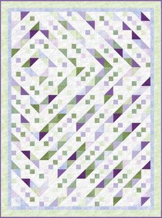 a quilt made with squares and stripes in purple, green, and lavender colors on a white background