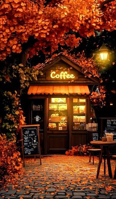 Fall Living Room Ideas, Cafe Design Inspiration, Anime Nature, Night Coffee, Cozy Coffee Shop, Fall Living Room, Coffee Shop Aesthetic, Cozy Cafe, Autumn Coffee