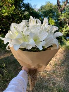 a person holding a bouquet of white flowers