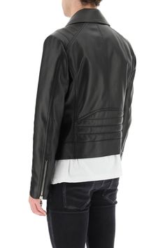 Balmain biker jacket in soft lambskin leather, with lapel collar and off-center zip closure. Four zip pockets, topstitched details on the sleeves and on the back, lower-sleeve zip insert. Twill-cotton lined interior with logo print and two welt leather pockets, regular fit. The model is 187 cm tall and wears a size IT 48. Size Info IT Color Detail Black Made In Turchia Material 100% Lambskin Season One spring Season Two summer Product clothing Brand Balmain Size And Fit Leather Biker Jacket With Padded Collar, Leather Biker Jacket With Asymmetrical Zip For Streetwear, Biker Jacket With Zip Cuffs For Work, Biker Leather Jacket With Asymmetrical Zip, Leather Biker Jacket With Zipper For Streetwear, Luxury Leather Jacket With Zipper For Streetwear, Leather Biker Jacket With Padded Collar For Biker Events, Leather Jacket With Zip Cuffs For Streetwear, Asymmetrical Zip Biker Jacket With Zip Cuffs