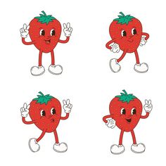 four cartoon strawberries with different poses and expressions