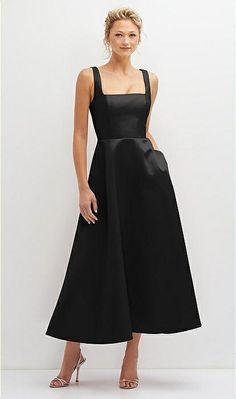 Square Neck Satin Midi Bridesmaid Dress With Full Skirt & Pockets In Black | The Dessy Group Solid Square Neck Midi Dress For Night Out, Solid Midi Dress With Square Neck For Night Out, Elegant Square Neck Dress For Date Night, Sleek Square Neck Cocktail Dress, Square Neck Midi Dress For Date Night, Square Neck Solid Midi Dress For Date Night, Solid Square Neck Midi Dress For Date Night, Square Neck Midi Dress With Fitted Bodice For Party, Black Midi Dress With Fitted Bodice And Straight Neckline