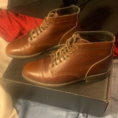 Barley Word A Hand Full Of Tikes And Took Care Of Them With Some Polish And Shoe Trees Casual Goodyear Welted Cap Toe Work Boots, Casual Goodyear Welted Work Boots With Round Toe, Casual Work Boots With Goodyear Welt And Round Toe, Thursday Boot Company, Thursday Boots, Word A, Boot Companies, Shoe Tree, Barley