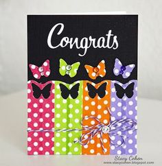 a card with colorful polka dots and butterflies on it that says congrats in white lettering