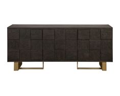 the sideboard is made out of wood and has brass legs, with an unusual design