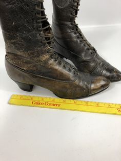 These Antique leather women's high heel boots have the perfect amount of wear to be worn or displayed! They're and amazing pair and quite early - one has info on the sole about the Mishawaka MFG plant. They're lovely vintage boots with a nice high heel. They do have wear to the leather (see photos) and the leather is a bit fragile on the surface, but they're an incredible find. Please contact me with your questions! Vintage Brown High Heel Lace-up Boots, Victorian Boots With Leather Sole, Historical Formal Boots With Leather Sole, Historical Round Toe Boots For Formal Occasions, Historical Formal Boots With Round Toe, Historical Round Toe Formal Boots, Vintage Snip Toe Heeled Boots With Reinforced Heel, Vintage Lace-up Boots With Pointed Toe And Leather Sole, Vintage Lace-up Boots With Reinforced Heel And Round Toe