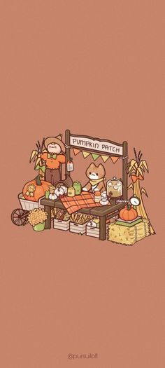 a drawing of a pumpkin patch stand with lots of food on it's table