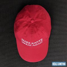 "◄ DESCRIPTION ► Maybe we can give Kanye a hand and show our support with this \"Make Kanye Great Again\" embroidered Red 100% cotton hat! Let the people around know that you want to see the rap superstar shine again. Let's make him great again everyone! ★ See for yourself how we maintain a 5-Star Rating on all Sales Channels and Social Media. ★ - What sets us apart from the competition? Our attention to detail. Also, we use only the highest quality thread and equipment intended for all your fas Cotton Beanie With Embroidered Logo, Embroidered Red Hats, Red Cotton Hat With Embroidered Logo, Red Cotton Dad Hat With Embroidered Logo, Red Embroidered Snapback Hat, Red Embroidered Cotton Hat, Red Cotton Fitted Hat With Curved Brim, Red Embroidered Cap, Cotton Hat