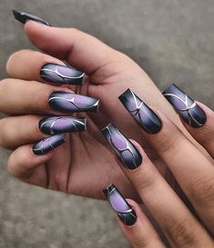 Nails Chrome Designs, Fall Nails Chrome, Black And Purple Nails, Purple And Silver Nails, Black Chrome Nails, Ombre Chrome Nails, Chrome Designs, Shiny Nails Designs, Wow Nails