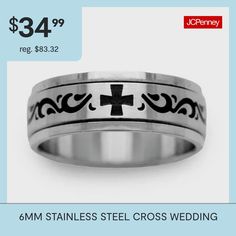 Ring Style: Wedding Bands, BandsFeatures: Religious Jewelry, Quick ShipShape: CrossMetal Color: WhiteBand Width: 6mmCare: Hand WashMetal: Stainless SteelCountry of Origin: Imported Cross Wedding, Rings Bands, Steel Cross, Ring Style, Religious Jewelry, Style Wedding, Wedding Band, Fashion Rings, Band Rings