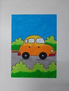 a drawing of a yellow car driving down the road