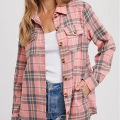 New With Tag Beautiful Rose Plaid Flannel Button Down Soft And Cozy Yet Lightweight 80% Polyester 20% Cotton Sm: 21" Bust Across Front, Total Length 28" Casual Pink Collared Shacket, Pink Button-up Flannel Shirt For Fall, Pink Collared Shacket With Pockets, Pink Button-up Shacket With Pockets, Fall Pink Tops With Pockets, Pink Fall Top With Pockets, Pink Tops With Pockets For Fall, Pink Button-up Top With Pockets, Pink Button-up Shacket For Spring