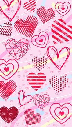 many hearts are drawn in different colors and sizes on a pink background with stripes, dots and